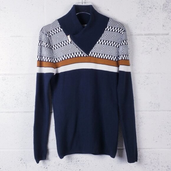 LCR Black Edition Men's Shawl Neck Knit Sweater Geometric Blue Long Sleeve - Picture 2 of 10